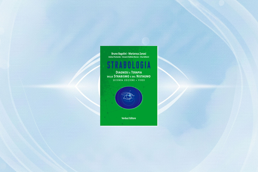 Green cover of the book 'Strabologia – Diagnosi e terapia dello strabismo e del nistagmo' placed over a stylised eye background, with the yellow text 'In prevendita' (pre-order)