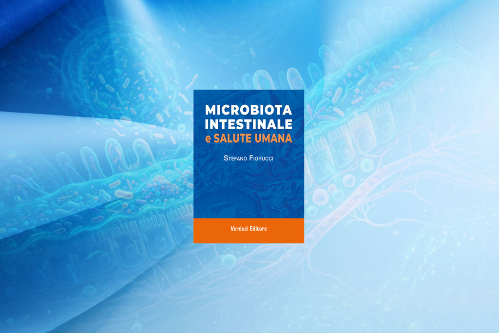Artistic and biological scene in blue tones showing the cover of the book 'Microbiota Intestinale e Salute Umana' by Stefano Fiorucci placed on a blurred microscopic background with cells and bacteria.